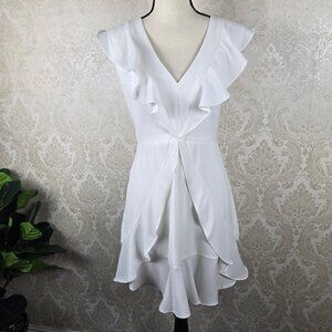 BCBGMaxAzria Size 8 Cream Vneck Ruffled Dress Sleeveless A-line Skirt Flirty Fun